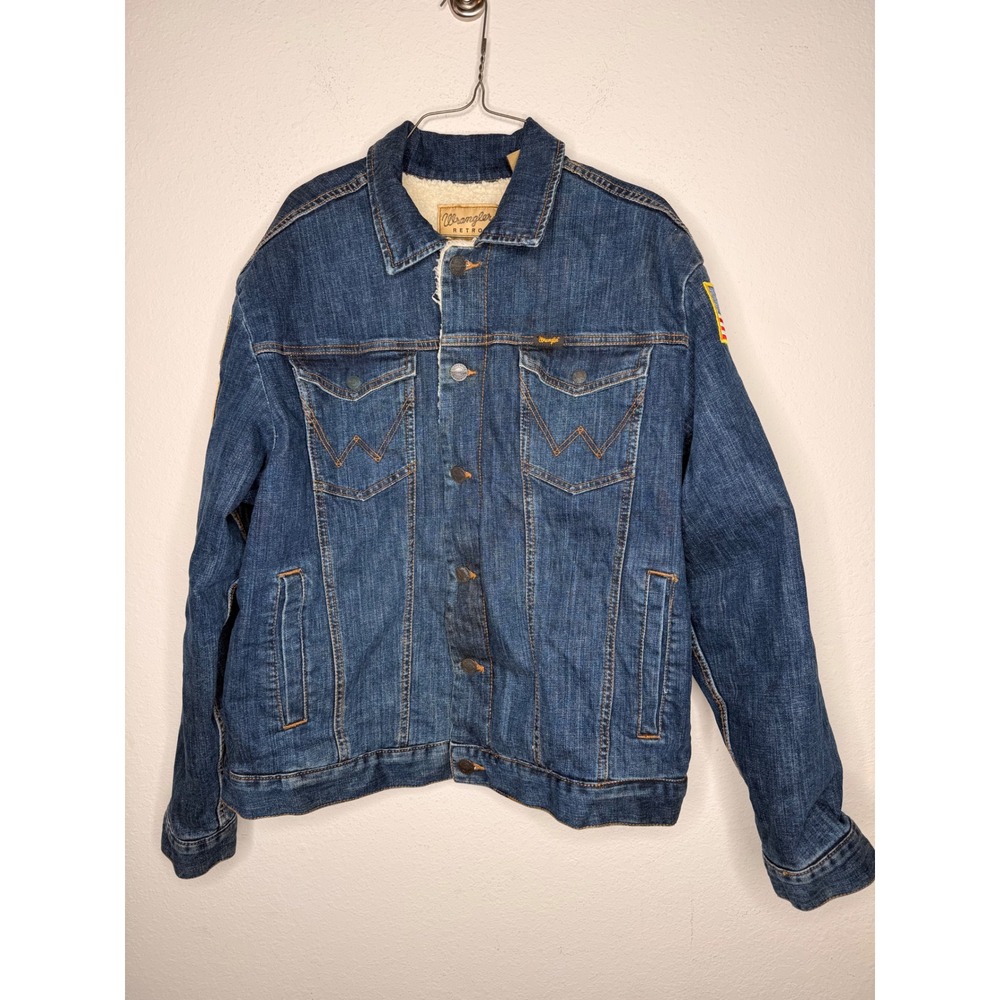 Wrangler Retro Mens Sherpa Lined Denim Jacket Blue custom patches L